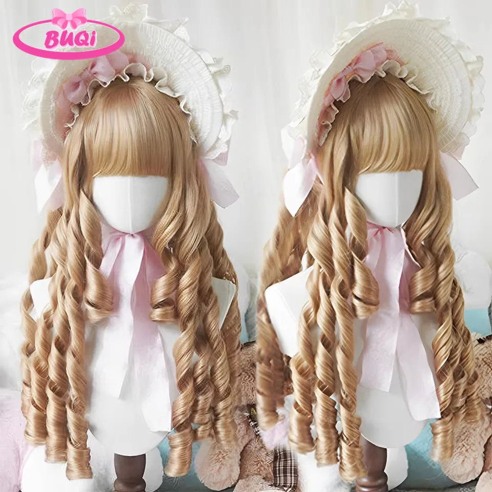 สังเคราะห์ยาวโรมัน Curly Wavy Lolita วิกผม Bangs วิกผมสาวน่ารัก Ombre สีชมพูสีบลอนด์สีดําคอสเพลย์ปาร์ตี้ฮาโลวีน Harajuku วิกผม