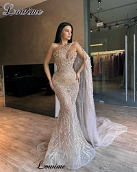 Champagne Beaded Cocktail Dresses Mermaid One Shoulder Pearls Prom Party Dresses Vestidos De Cóctel Red Carpet Runway Dresses