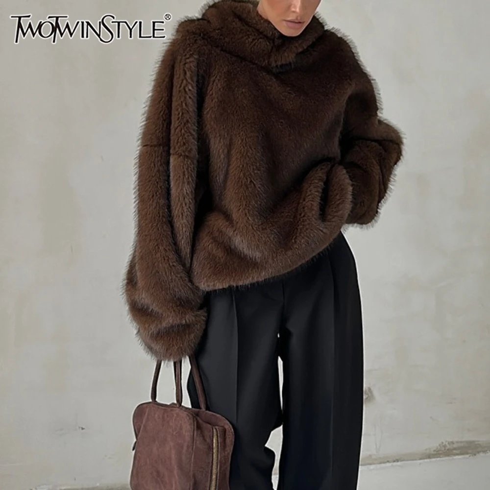

TWOTWINSTYLE Coffee Spliced Fur Casual Lazy Sweater for Women Hooded Long Sleeve Patchwork Folds Sweaters Female Fashion Autumn