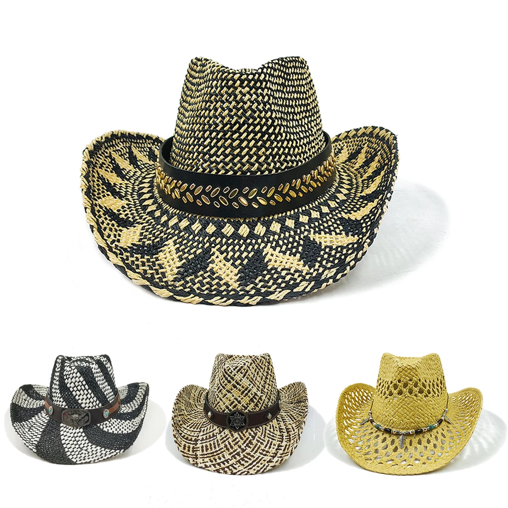 Summer Outdoor Men Women Hand-woven Western Cowboy Paper Straw Hats Wide Brim Breathable Beach Multicolor Cap 2024 New