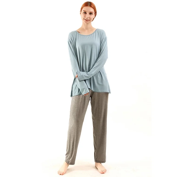 ^aqua blue top + dark gray pants