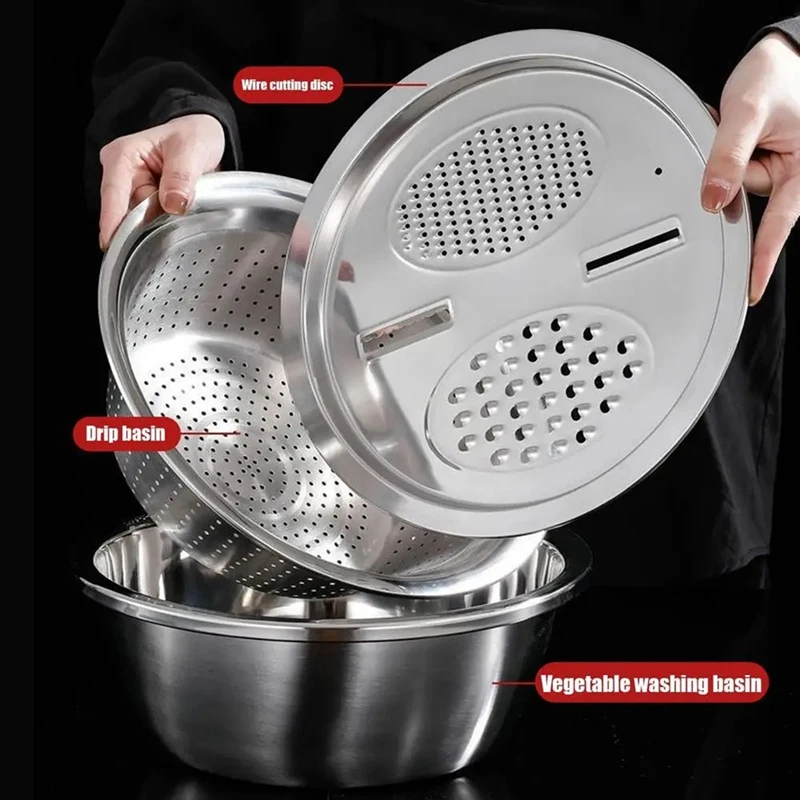 ABVJ-Multifungsi Stainless Steel Basin Alat Pengiris Sayuran Parutan Pengeringan Keranjang Salad Beras Mesin Cuci Drain Colander
