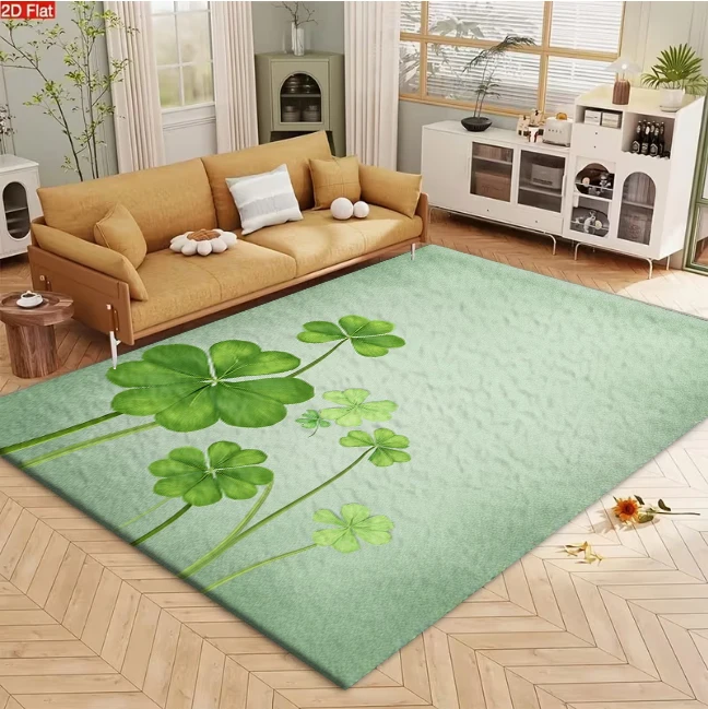 Green Four-Leaf Clover Lucky Plant Carpet Flooring, Fresh Botanical Non-Slip Floor Rug for Living Room Bedroom Office Home Decoration