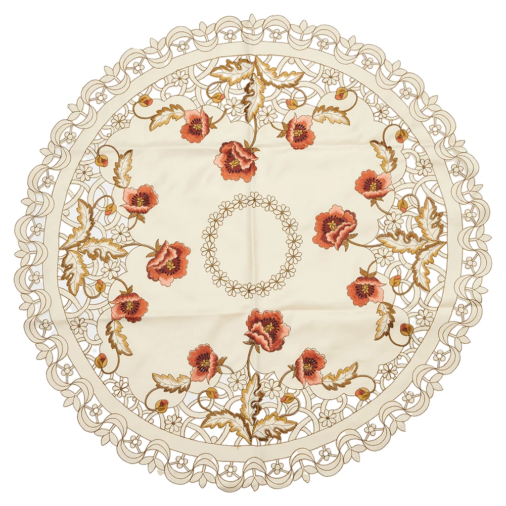 Rural Embroidered Floral Lace Round Table Cover in Satin Material for Banquets Celebrations and Dining Table Decor