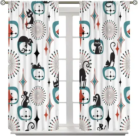 Abstrakt konst Svarta kattgardiner, Modern vintage 70-tals mitten av århundradet geometrisk konst atomstjärneexplosion fönsterbehandlingar draperier för 8 best sales atomkatt - №4