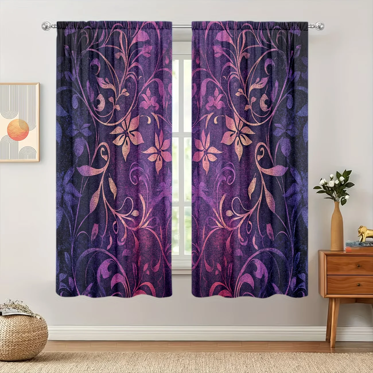 

2Pcs Curtains Mysterious Purple Floral Print pattern Window Drapes for Bedroom Living Room Decoration Window Treatment.