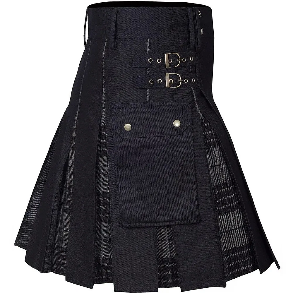 Scottish Men's Cargo Kilt Skirt with Pleated Design Plaid Print and Metal Belt for Historical or Contemporary Ensemble