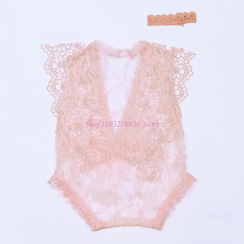 R6FD 2 Pcs/Set 0-1Month Newborn Photography Props Baby Crown Headband Lace Hollow out Romper Bodysuits Outfit Costume