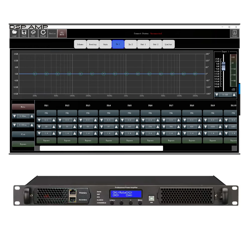 SenMicre DSP4.10P Amplificador de potencia digital DSP profesional con procesador Dante Preamplificador de subwoofer para DJ de 4 canales 4x1000W 8 Ohm 1U Amplificador de sonido de altavoz de matriz lineal Rendimiento