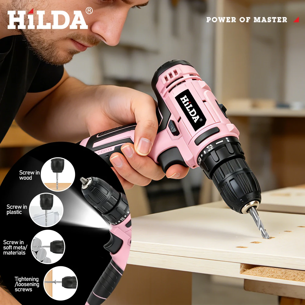

HILDA Pink Cordless Drill 25+1 Torque Electric Screwdriver Portable Power Tool DIY Hand Drill for Women Birthday Holiday Gift