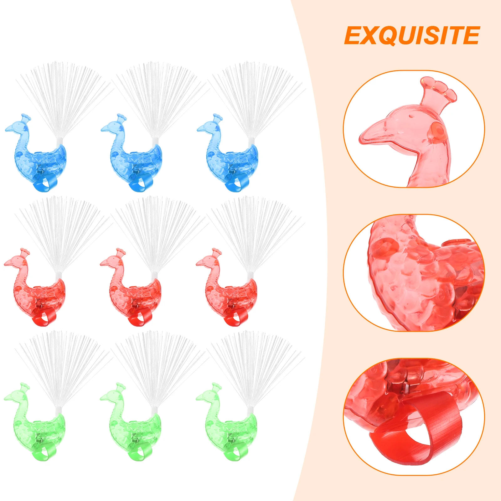 24 Stück im Dunkeln leuchtende Pfauen-Design-Fingerlichter, Glasfaser-Partydekorationen für Nachtfeiern, Glasfaser-Lichter