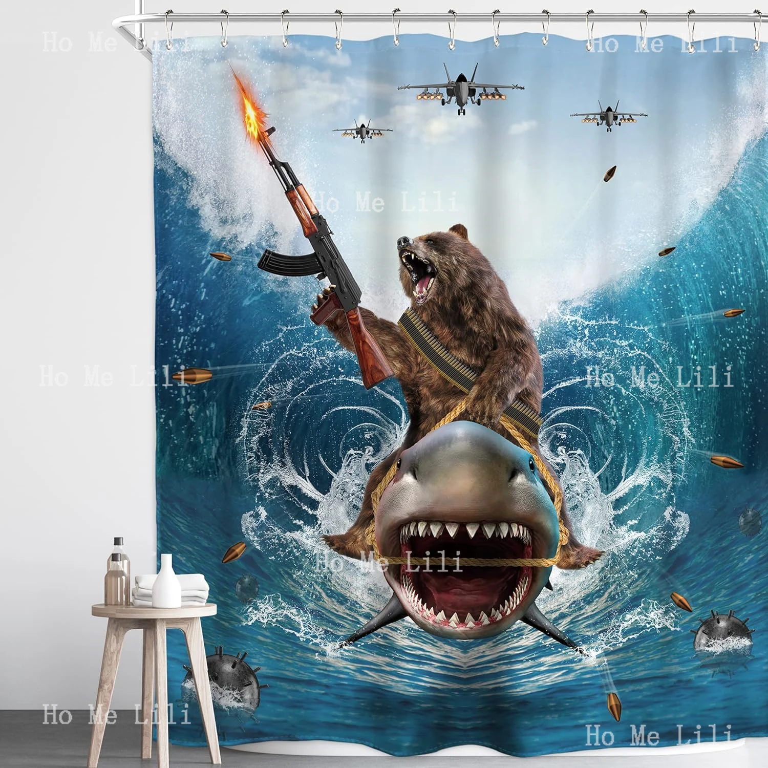 Funny Cool Humor Shower Curtain Ocean Summer Shark Bear Riding Surfing Animal Beach Blue Waves Polyester Fabric