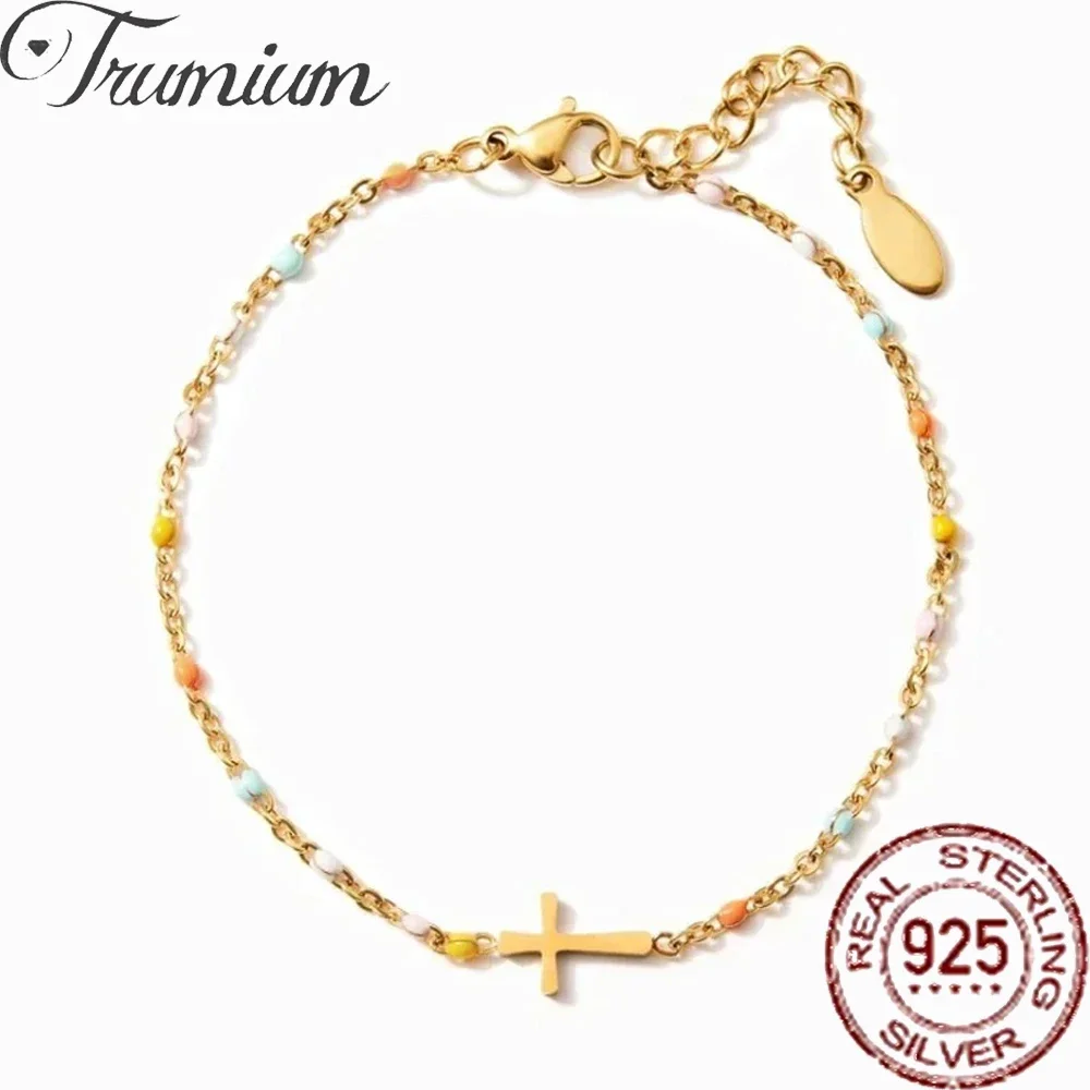 

Trumium New 925 Silver Drip Oil Crucifix Bracelets for Women Bohemian style Ladies Fashion Jewelry Cross bracelet Dropshipping