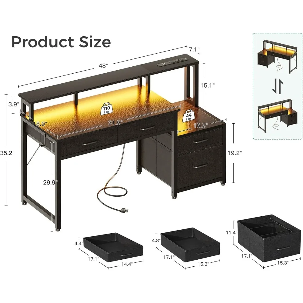 Computer Desk with Power Outlets and LED Lights, Gaming Desk with 4 Fabric Drawers, Reversible Office Desk with Monitor Stand