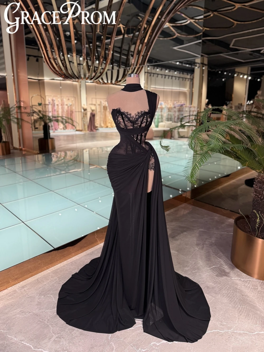 الدانتيل الأسود الشيفون حورية البحر فستان سهرة طويل رشيقة كتف واحد حفل زفاف ثوب مخصص فساتين حفلة موسيقية مذهلة #1