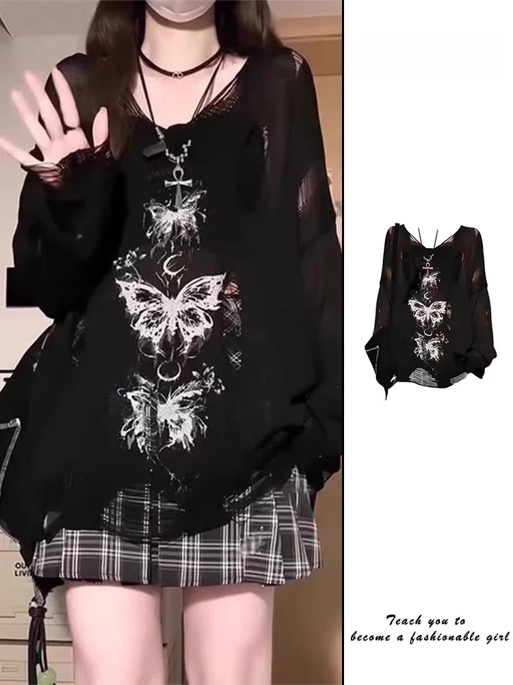 Y2K Spicy Girl  Hole V-neck Knitted T-shirt Women's Spring Summer Thin Subculture Long Sleeve Sun Protection Cover u...