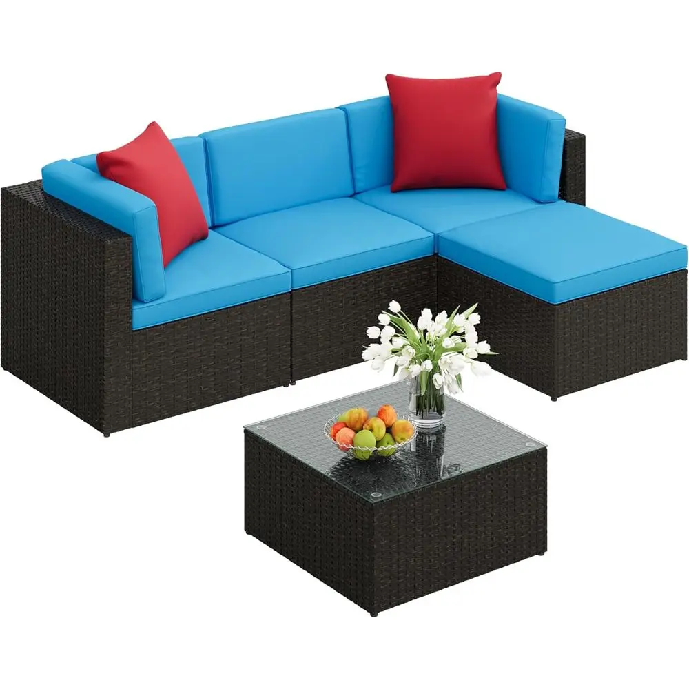 

Синий комплект уличной мебели для патио: 5-местный секционный диван с плетеными стульями, пуфиком, подушками и стеклянным столом для сада, террасы.