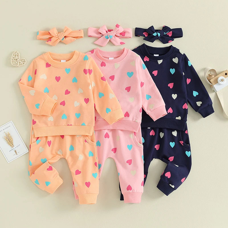 2023-10-23 Lioraitiin 0-3Y Toddler Girls Valentine's Day Sets Long Sleeve Crewneck Sweatshirt Heart Print Pants Headband Sets