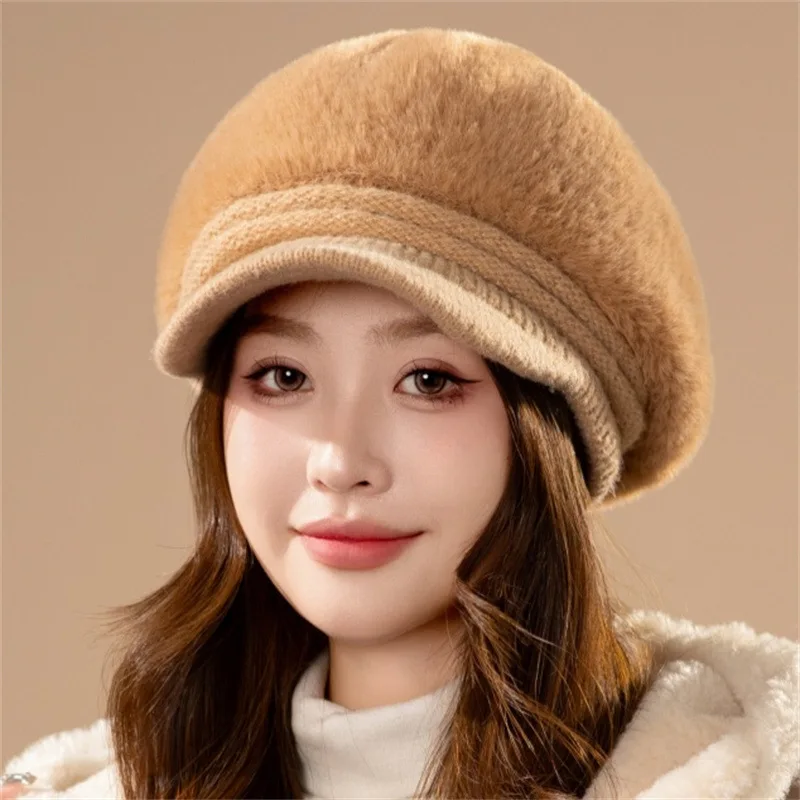 Hat, fleece-lined and thickened for autumn and winter. Mom's stylish peaked cap/beret/knitted rabbit plush hat.