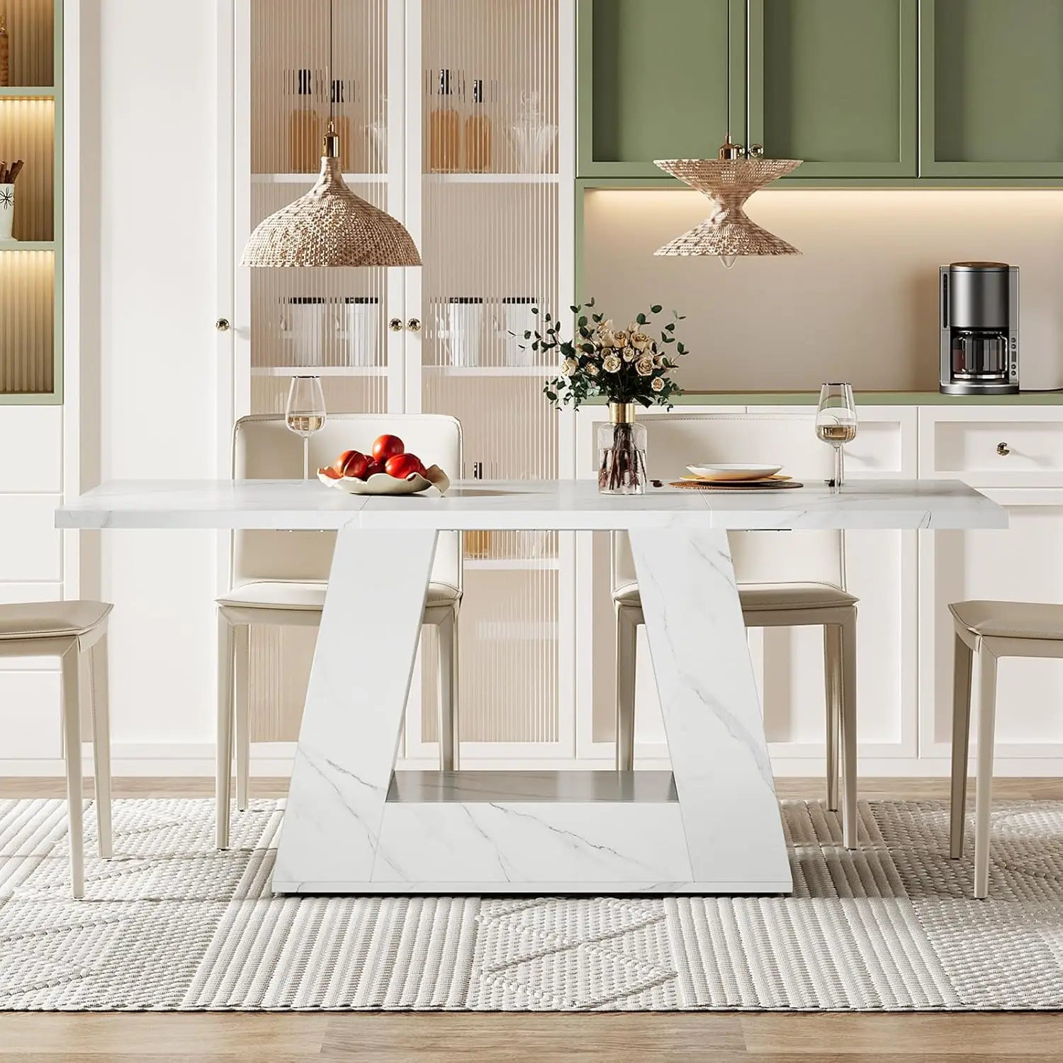 Modern Wooden Faux Marble Dinner Table with Sturdy Base for Kitchen, Living Room