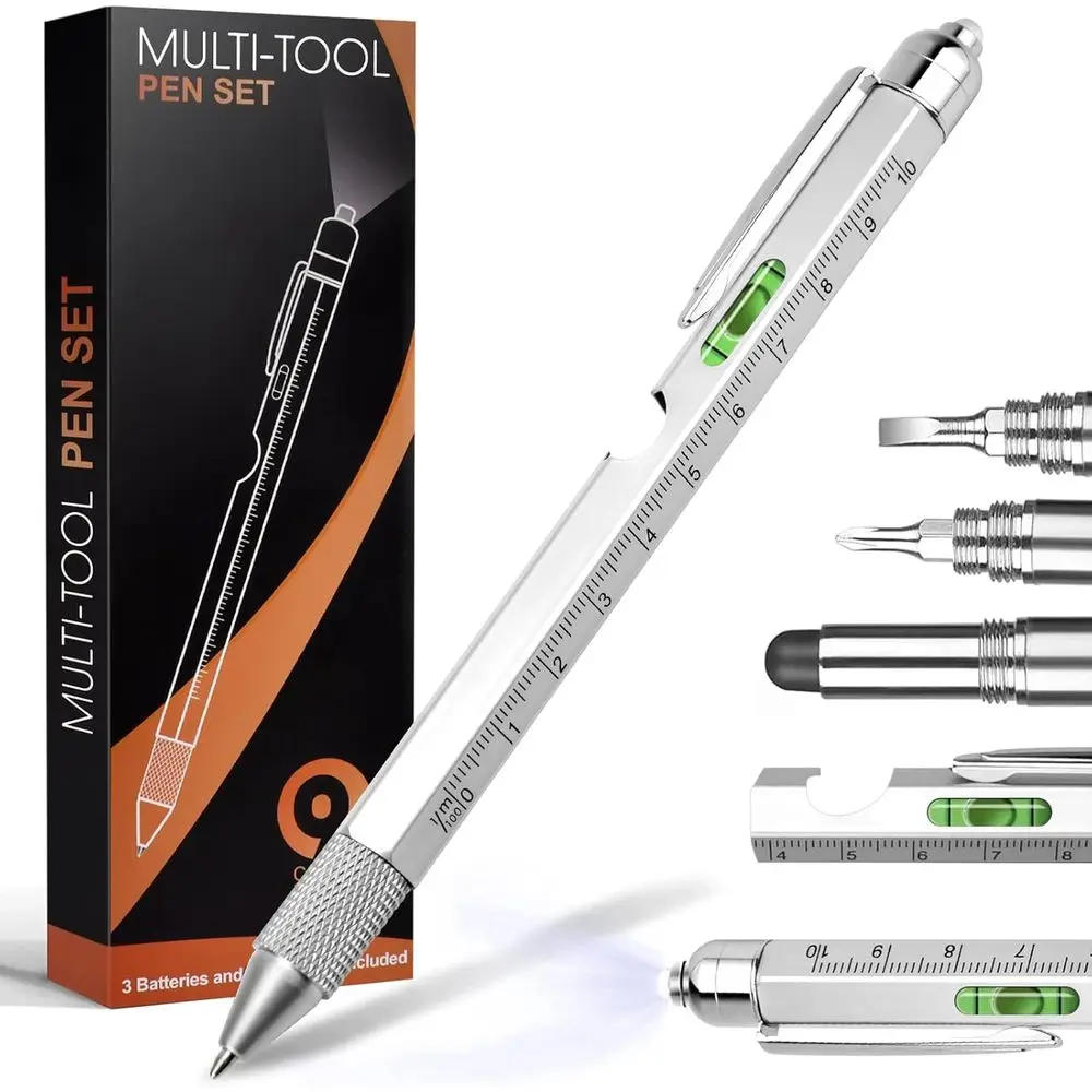 

All-in-One Multi-Tool Pen for Men: Includes Bottle Opener, LED Light, Screwdrivers, Stylus, Ruler, and Level - Perfect Gift for