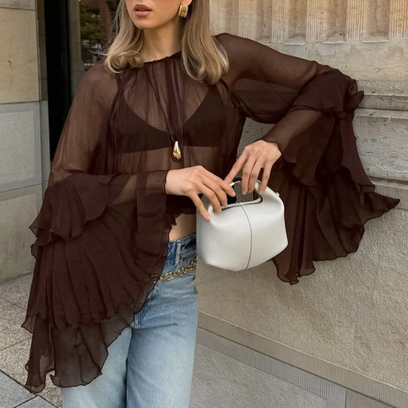 

New Women's Wholesale Design Sense Crew Neck Lotus Leaf Sleeve Gentle Wind Loose Chiffon Shirt