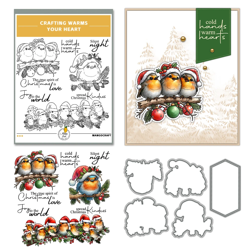 Mangocraft Cute Christmas Fatty Birds Cutting Dies Clear Stamp DIY Scrapbooking Metal Dies Silicone Stamp For Cards Albums Craft