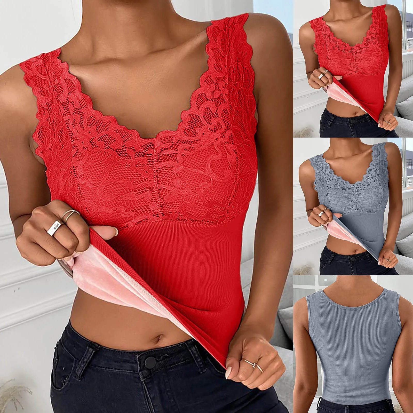 Winter Warm Thermal Underwear Women Thicken Fleece Tops Sleeveless Lace Sexy Crop Top Tight Elasticity Female Velvet Undershirt