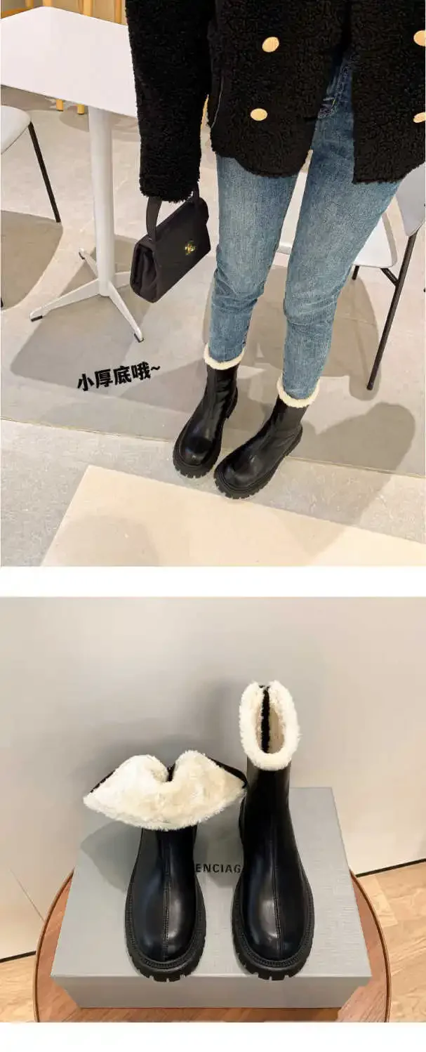 Größe 42 Herbst-Winter-Schneestiefel Warme Pelz-Damen-Stiefeletten Modische Elegante Schuhe mit Rückenreißverschlüssen Dicker Absatz Damen-Kurzstiefel – Detail 10