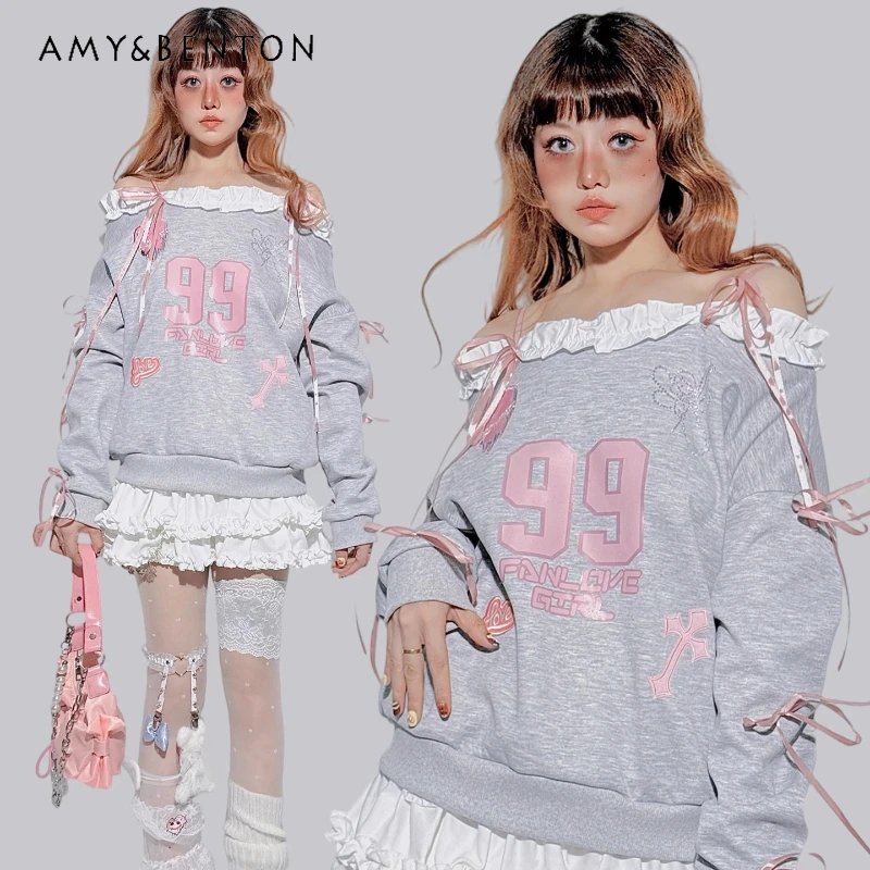 

2025 Autumn New Gray Lace Splicing Off-Shoulder Long Sleeve Women's Sweatshirt Japanese Design Cute Bow Off-Shoulder Top Ladies