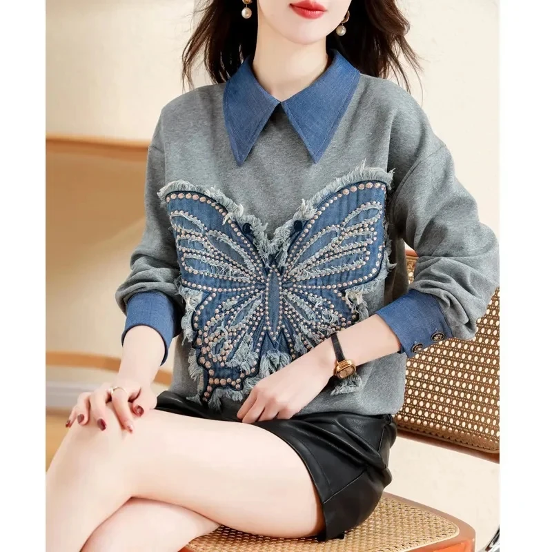 

Women Denim Spliced Sweatshirt Spring And Autumn 2024 New POLO Collar Butterfly Embroidered Loose Casual Jacket For Female Tops