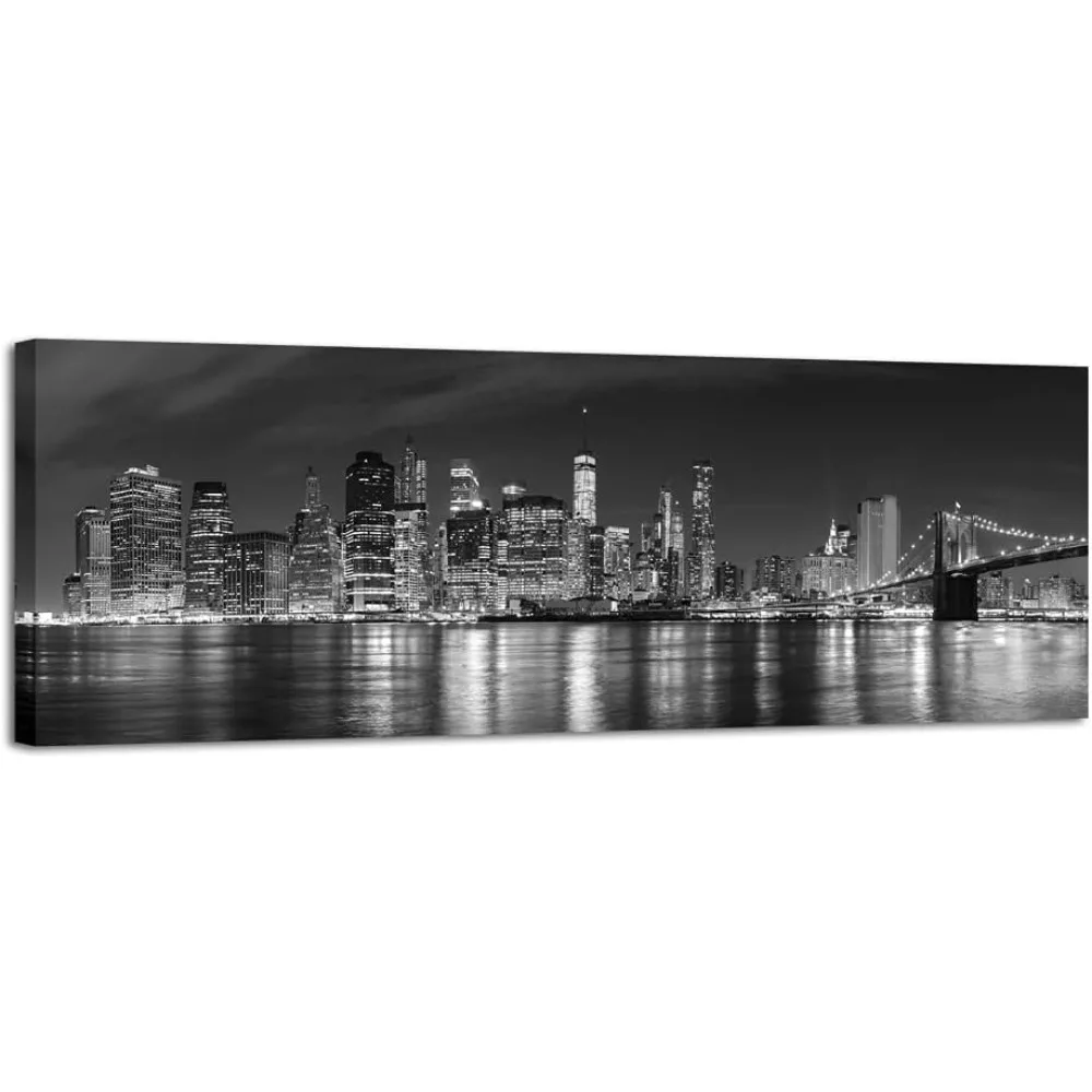 

New York Manhattan Night View in Black and White Giclee Canvas Prints Modern Stretched and Framed Art work Cityscape