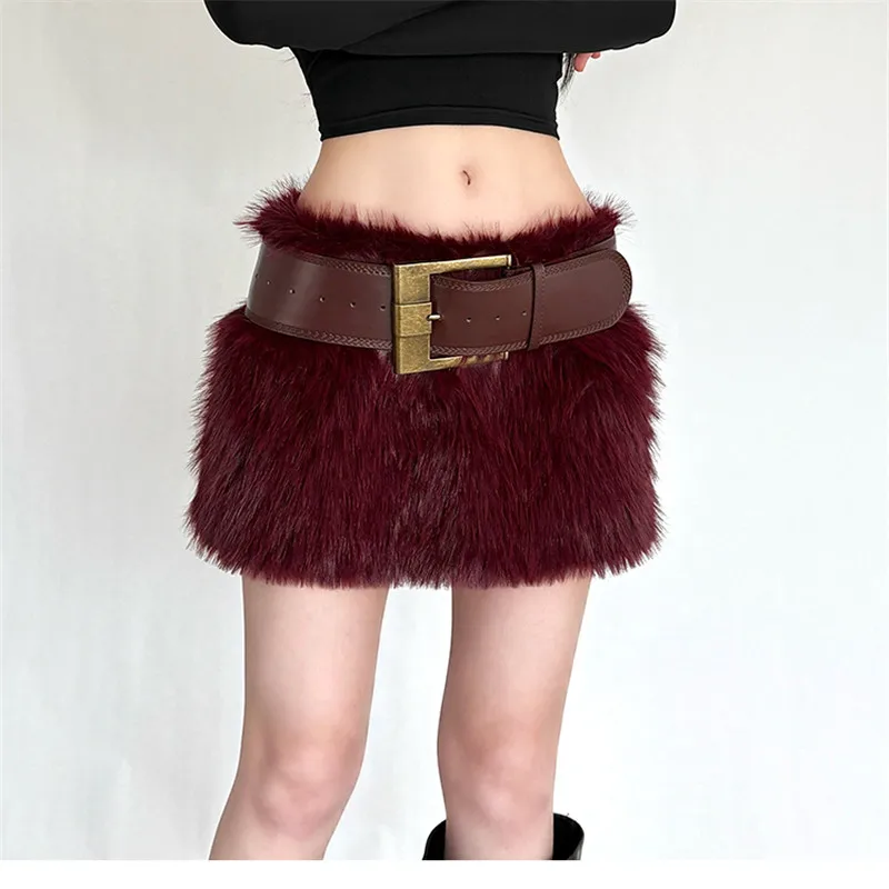 

American Street Style Retro Hot Spicy Girls Fur Skirt New Fall Winter Fall Vintage Belted Mini Pencil Skirt High Waist Bottoms