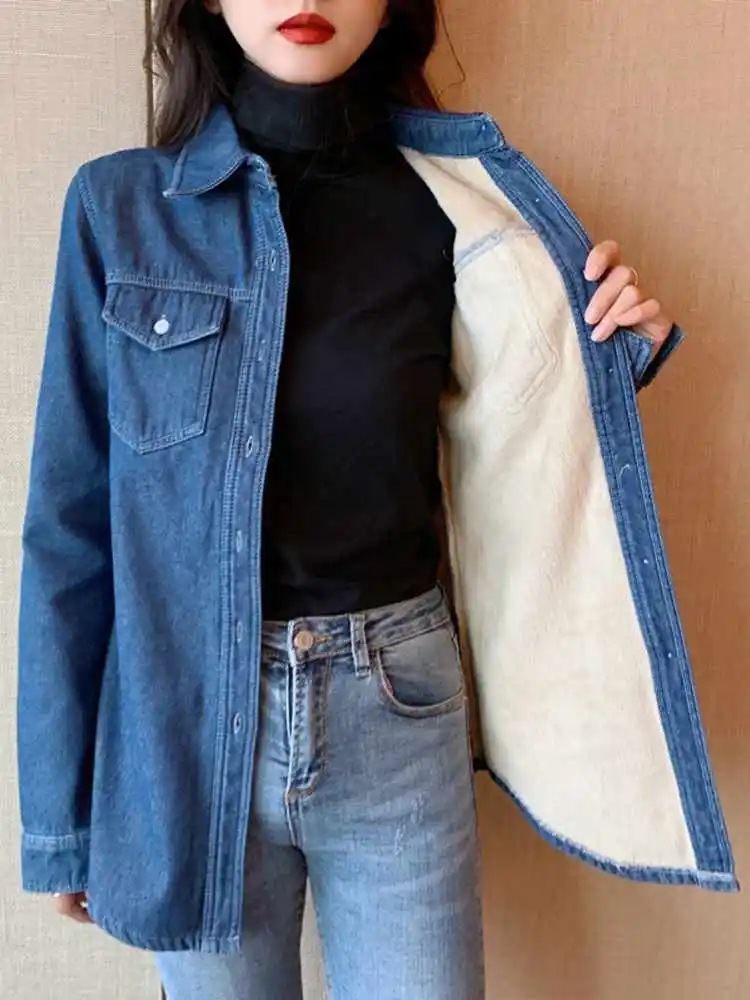 Mid Length Thicken Denim Shirts For Women Autumn Winter Single Breasted Plush Warm Tops Female Versatile Fleece Blouse