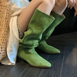 Arden Furtado 2025 Autumn Suede trouser legs boots square-head Low heel Over the knee boots large size Pleated Knight boots