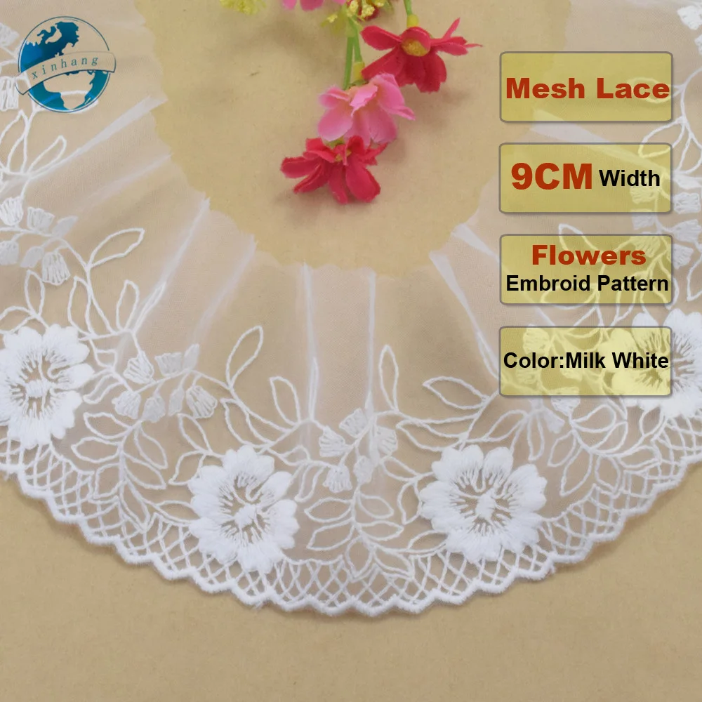 9cm Width White Cotton Embroidery Lace Ribbon Guipure Trim DIY Sewing Wedding Accessories Dolls curtain lace applique#3068