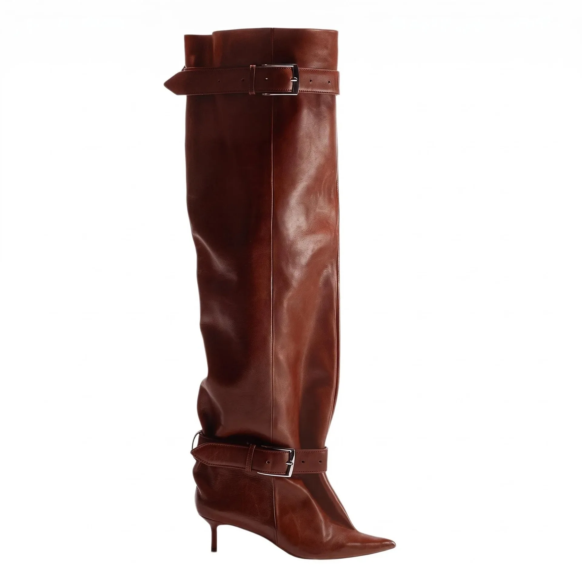 2026 Women's New Pointed Low Heel Thigh Boots with Belt Buckle, Straight Tube Long Plus Size 43 Over The Knee Women's Boots 43 - view 6