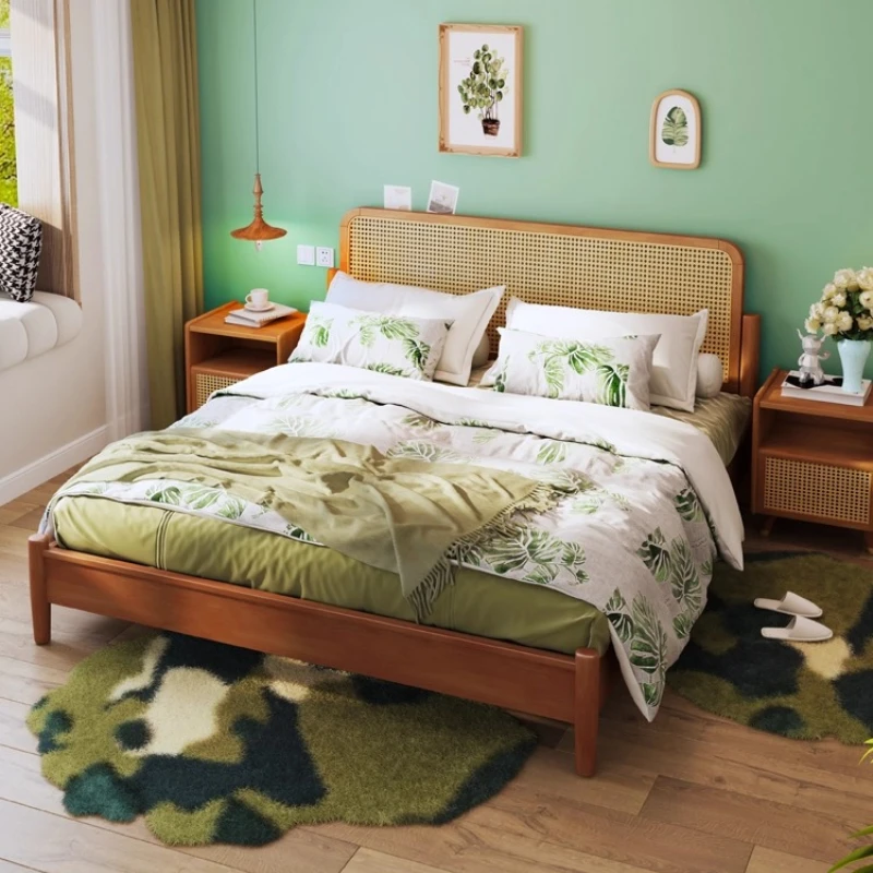 Rattan full solid wood bed 1.8 meters double bed, Nordic logs simple Japanese-style bed and breakfast furniture wabi-sabi retro