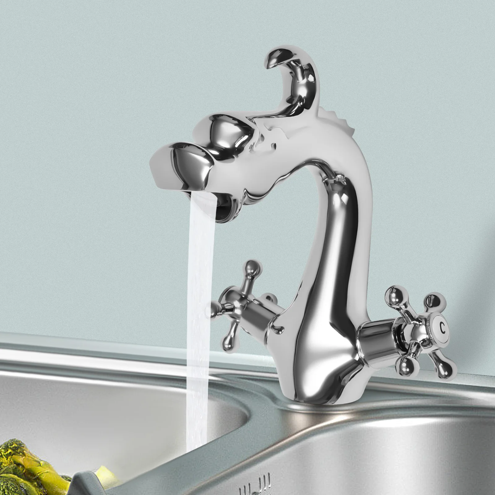 Silver Dragon Shape Two-Handle One Hole Bathroom Sink Mixer Tap Faucet Deck