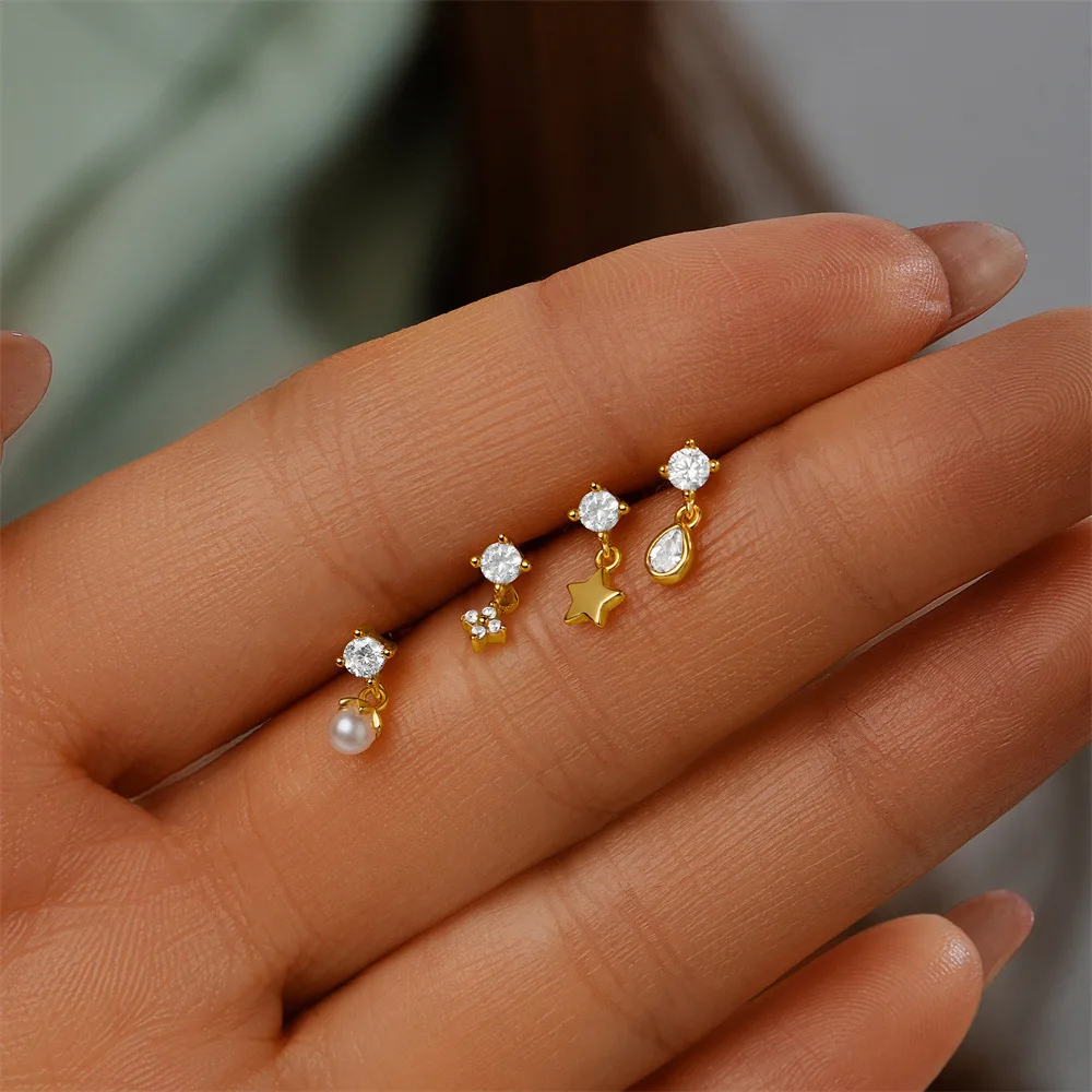 4PCS Tiny Star Teardrop Pearl Charms CZ Cartilage Stud Earrings Set for Women Multiple Piercing Mini Flat Back Ear Jewelry Stack
