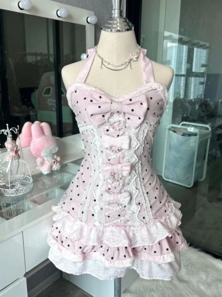 สไตล์ฝรั่งเศสหวานน่ารัก Polka Dot Splicing ชุดลูกไม้เกาหลีแฟชั่นชุดออกแบบใหม่ Slim เอว Lady Y2k Mini Dress