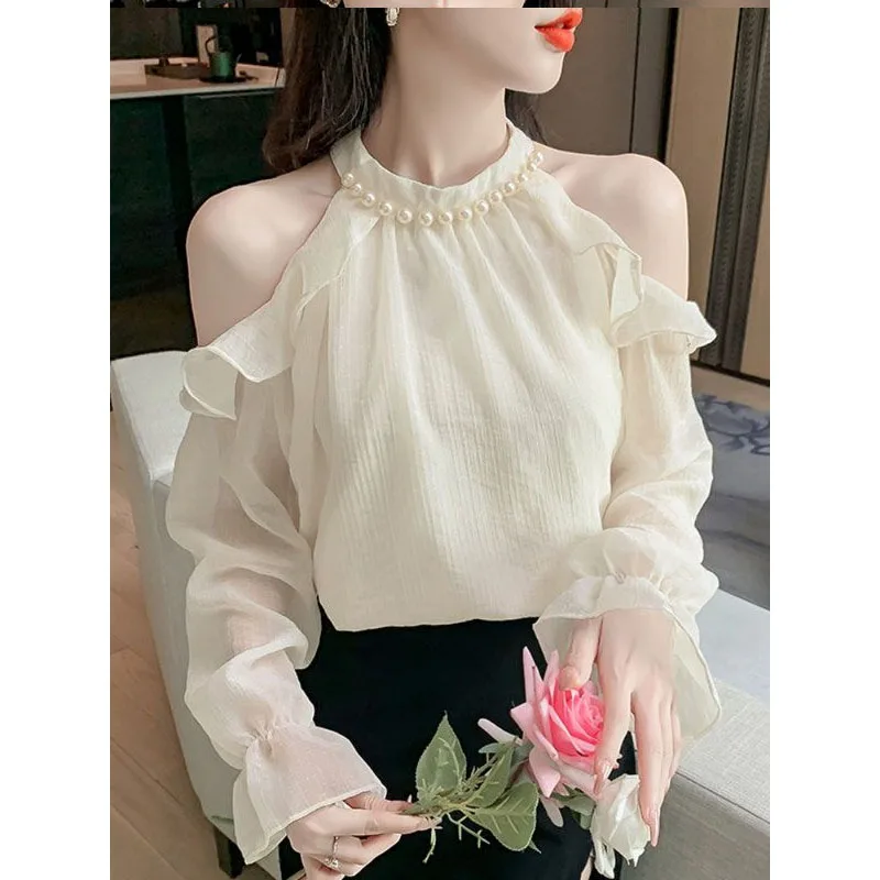 Strapless Long Sleeved Shirt Female Summer Attire 2024 Westernization Hollow Out Off Shoulder Fashion Halter Strapless Tops