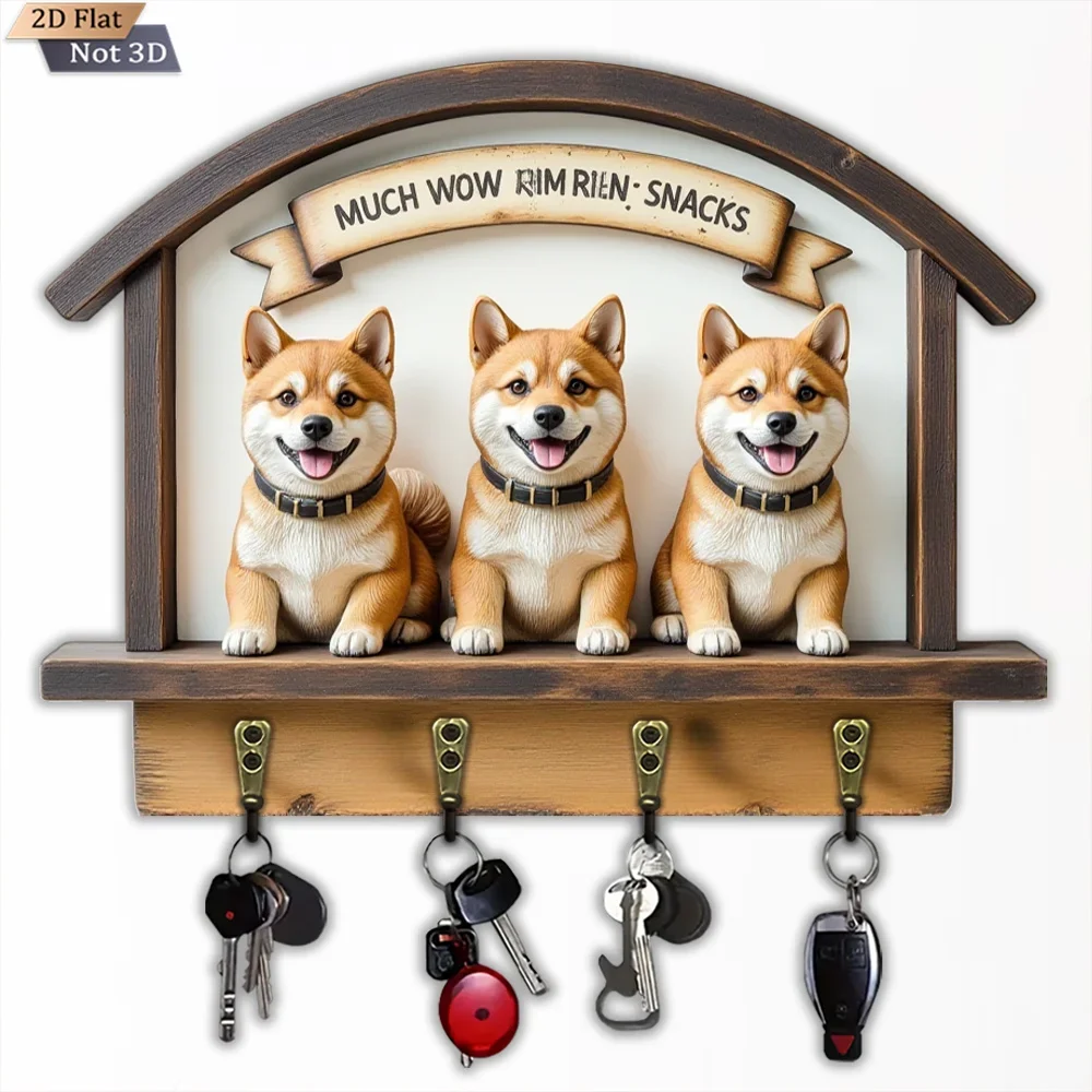 2D Flat, 1pc, Shiba Inu Shaped Key Hook, Wooden Multi-functional Home Key Hook, Includes Four Metal Hooks, Wall Decoration,