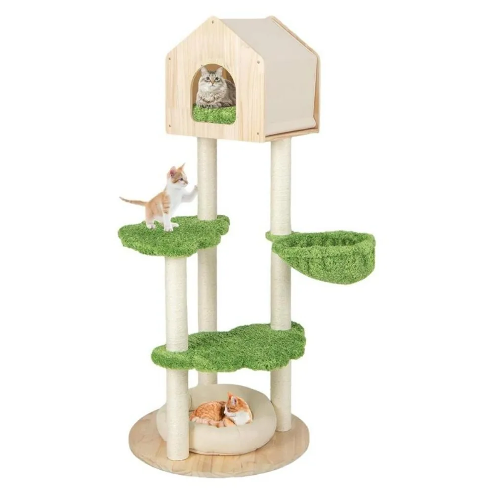 

55 Inches Tall Cat Tree, Multi-Level Modern Tower with Sisal Scratching Posts, Cats Condo, Side Cats Hammock and Cat Bed