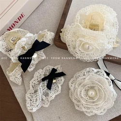 Spring Summer Lace Flower Pearl Bow Hair Clip Scrunchie for Women Girls High Quality Fashion Korean Delicate Hairpin Headdress