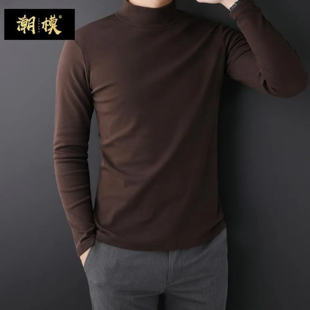 Men\'s Turtleneck T-Shirts Tops Full Sleeves Solid Color Thermal Winter Clothing Autumn Undershirt High Collar Golf Wear T-shirt