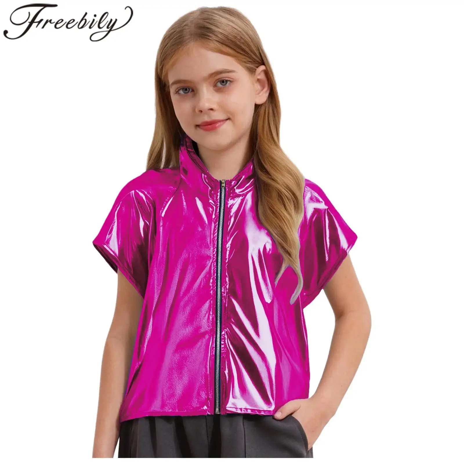 

Children Shiny Tees Show Party Disco Outfit Streetwear Metallic Kids Hooded T-Shirts Jazz Dance Tops Boys Girls Hip Hop Costumes