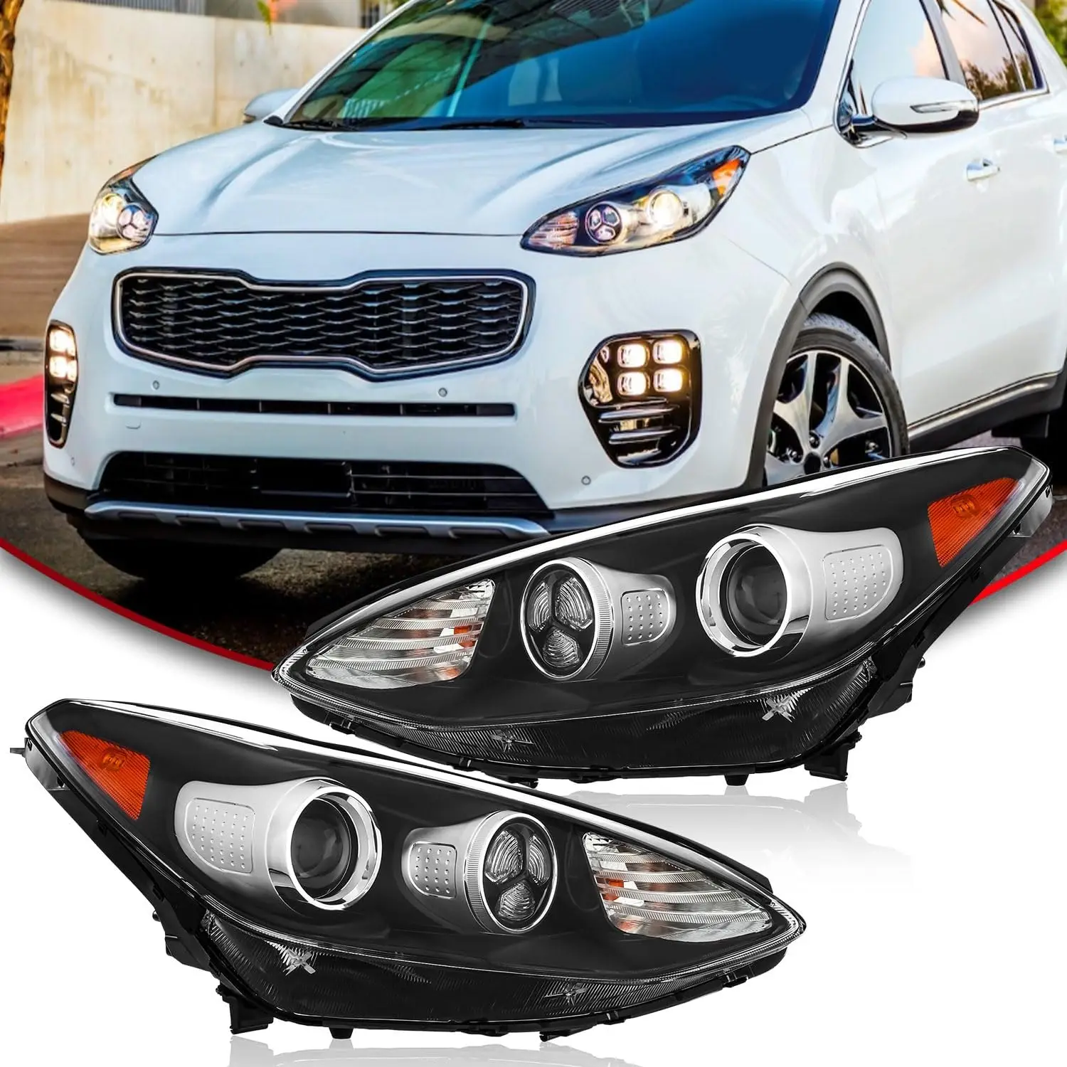 

Совместимость с Kia Sportage 2017-2022, пара проекторов, фары со светодиодной подсветкой DRL в сборе со стороны водителя и пассажира с лампочками