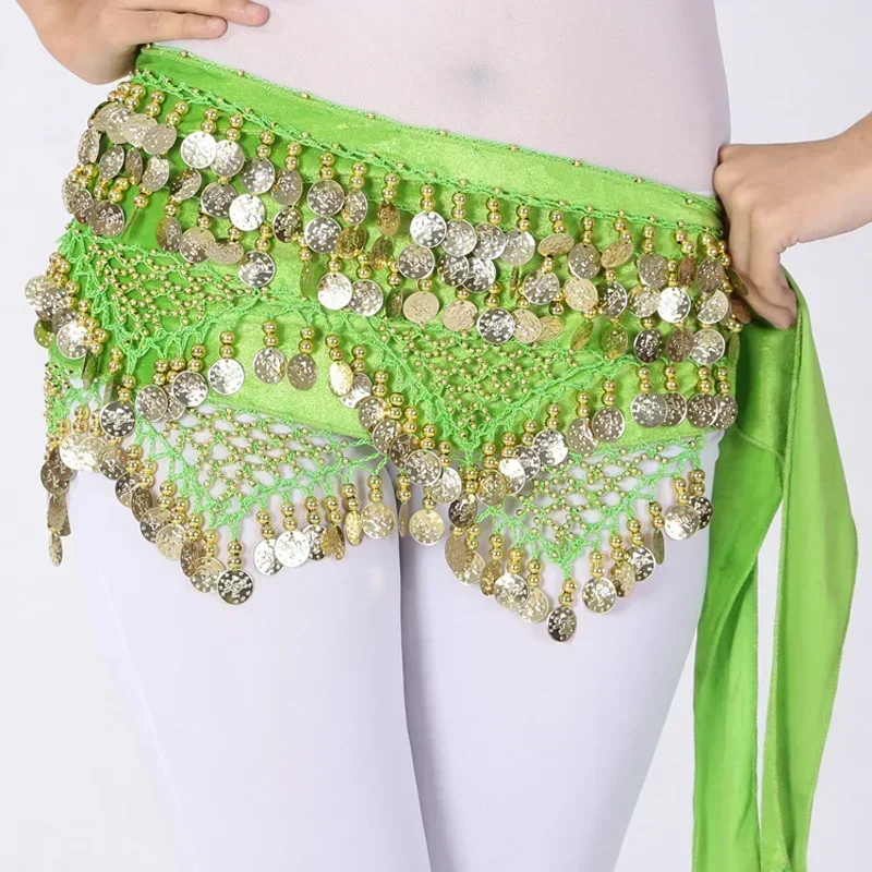 Women Gold Coins Belly Dance Waist Belt Shiny Belly Dancing Hip Scarf Velvet Indian Dance Costume Oriental Hip Scarf Wrap Skirt