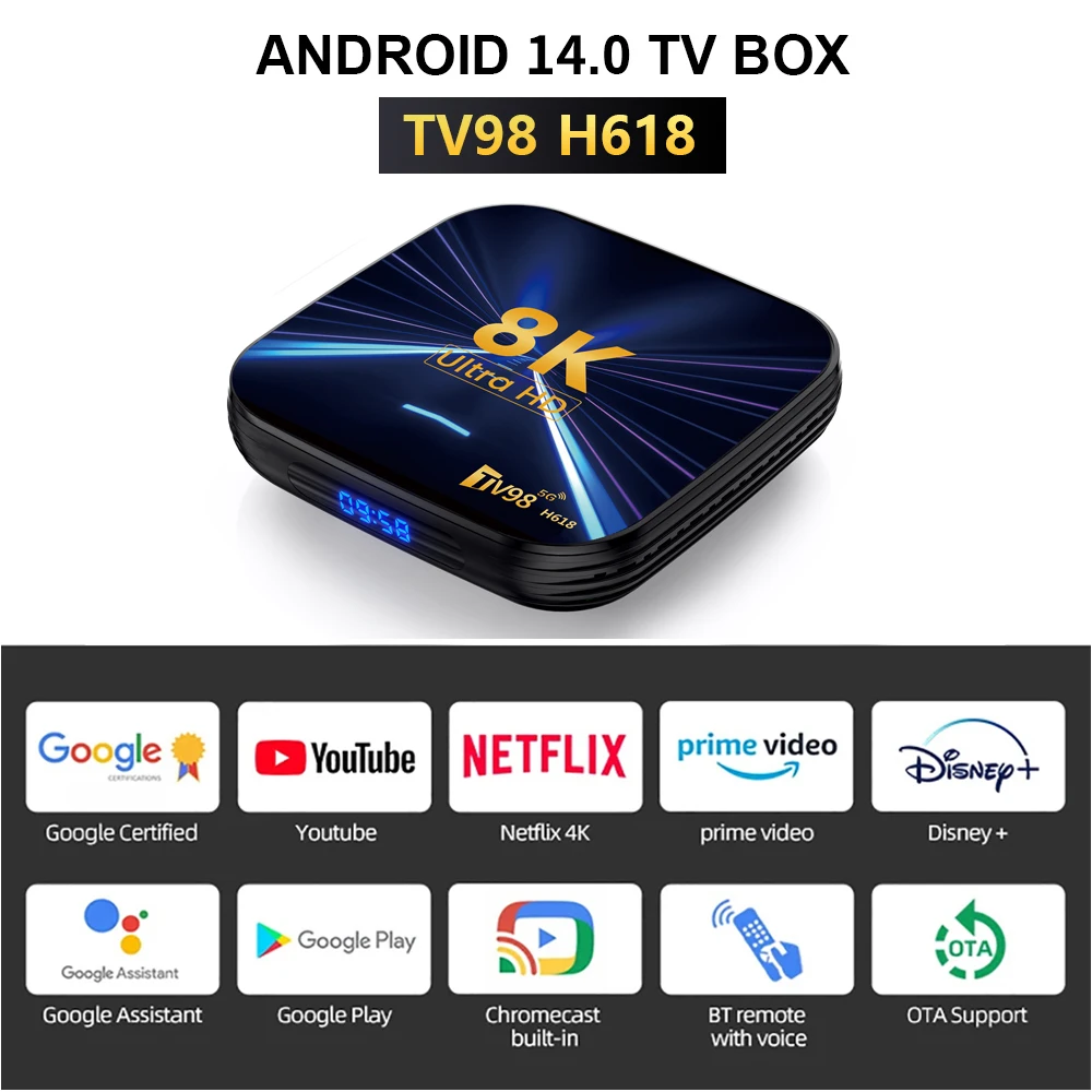 صندوق تلفاز Salange TV98 H618 بدقة 8K Ultra HD يدعم أكثر من 4000 تطبيق في متجر Google Play، نظام تلفاز ذكي يعمل بنظام Android، متوافق مع HDMI